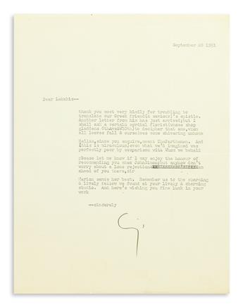 CUMMINGS, E.E. Group of 4 items Signed, or Inscribed and Signed, E.E.C. or Cgs, to sculptor Michael Lekakis: Autograph Letter * Tw